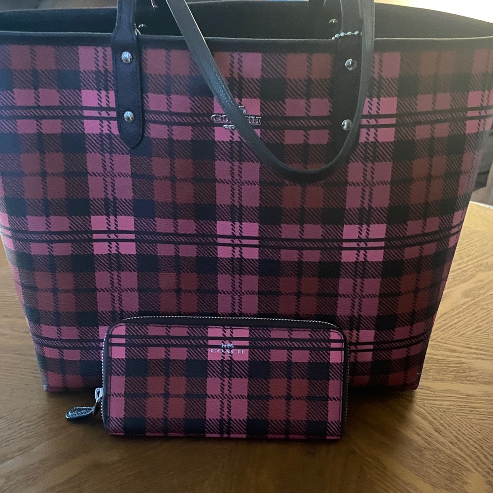 Coach Black and Pink Plaid Tote Bag and Wallet